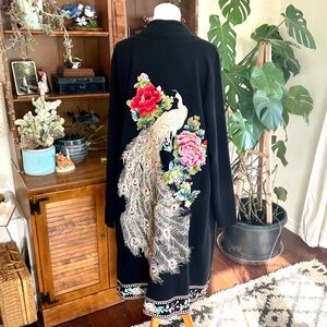 Soft Surroundings Embroidered Black Floral & Peacock Design Sweater Cardigan 3XL